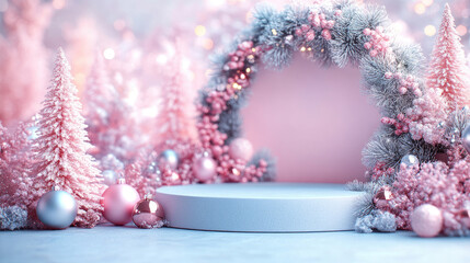 Aesthetic design of a round empty 3D podium on a pastel Christmas background with soft festive elements and gentle lighting. Banner with copy space