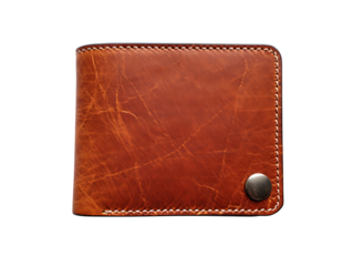 Classic brown leather bi fold wallet isolated on transparent background