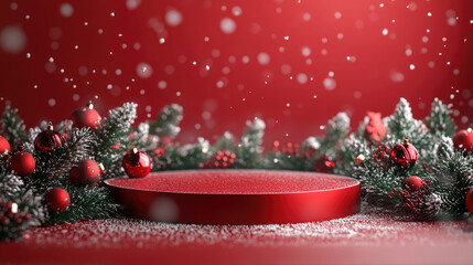Empty round 3D podium with Christmas background featuring decorated pine branches, festive baubles, and soft snowfall on a clean red backdrop. Banner with copy space