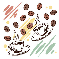 Whimsical illustration of coffee cups and beans with abstract colorful strokes