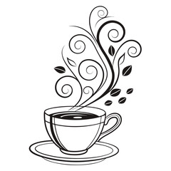 A steaming cup of coffee with decorative swirls and coffee beans