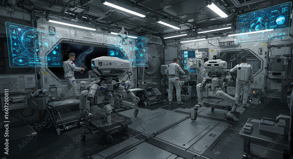 Poster astronauts collaborate with advanced robotic arms in futuristic spaceship laboratory