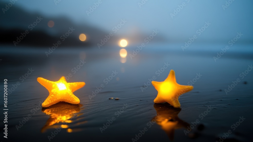 Poster glowing starfish on wet sand in misty environment at a coastal location with soft beach lights in ba