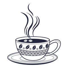 Stylized illustration of a steaming cup of coffee with coffee beans