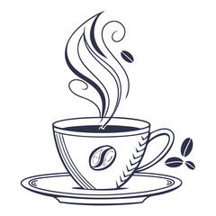 Stylized illustration of a steaming cup of coffee with coffee beans