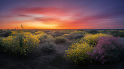 Vibrant desert sunset illuminates the sky with fiery hues over a bushy landscape