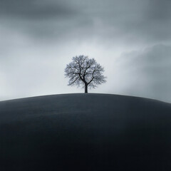 Solitary bare tree stands silhouetted against a dramatic cloudy sky atop a dark rolling hill