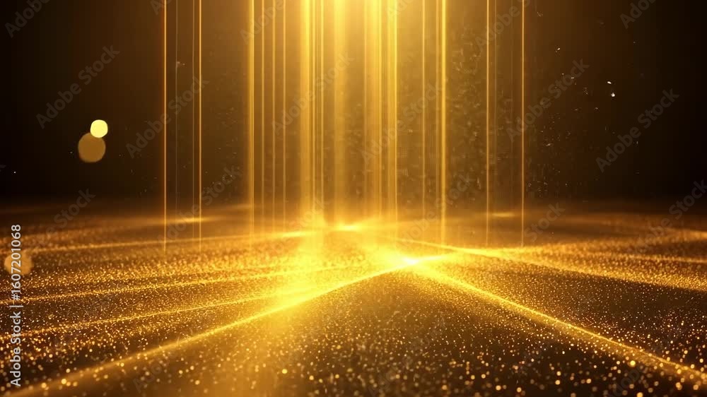 Poster dynamic golden light beams shining and glittering with sparkles and particles