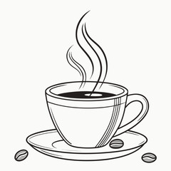 A simple line drawing of a steaming cup of coffee with coffee beans