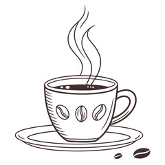 Hand drawn illustration of a steaming cup of coffee with coffee beans