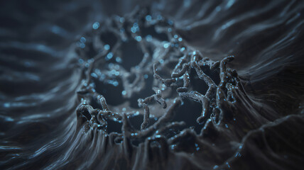 Abstract dark blue and teal organic fluid texture with intricate swirling patterns and subtle light reflections creating a mesmerizing visual