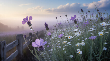 Soft purple and white wildflowers swaying gently in the morning mist near a rustic wooden fence