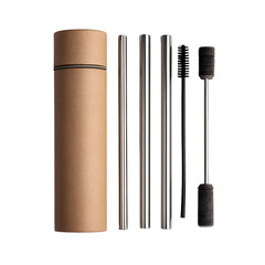 Metal straws & brush set with carry case on black background. Eco-friendly lifestyle