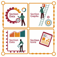 Four sections illustrating data analysis and presentation concepts