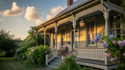 Victorian era wooden house with ornate porch and lush greenery bathed in golden hour sunlight