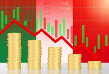 Italy Economy. Flag of Italy with Falling Financial Graph. Economic Crisis and Global Recession Concept. Vector Illustration.  