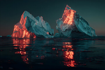 Icebergs glow in vibrant hues as the sun sets over a serene Arctic landscape reflecting colors in still waters