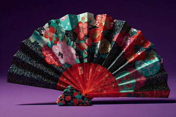 Elegant red and navy fan adorned with floral patterns displayed on a vibrant purple background showcasing traditional craftsmanship