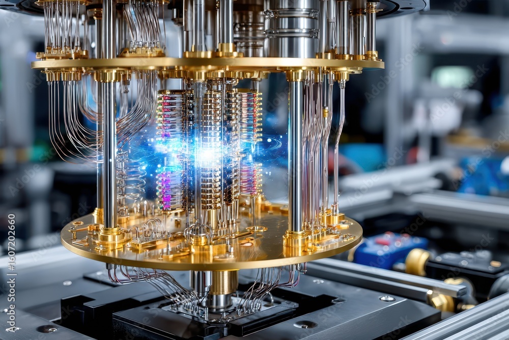 Poster quantum computing technology showcased in a research facility with intricate design elements