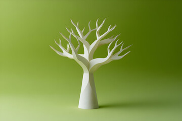 Whimsical paper tree sculpture representing growth and creativity against a soft green backdrop showcasing nature's beauty