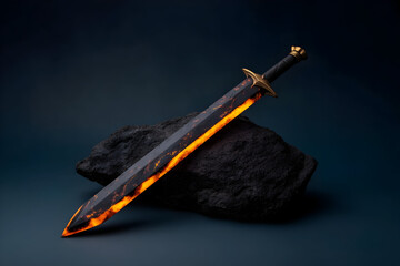 Glowing sword resting on volcanic rock at night showcasing strength and courage in a mythical setting