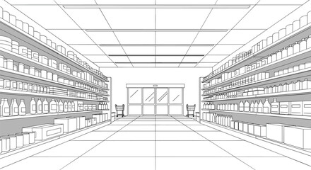Fototapeta premium Aisle view of a modern retail store interior showcasing shelves and entry way with double doors