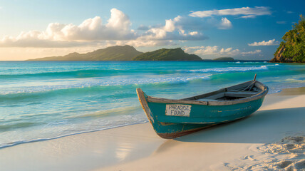 Tranquil turquoise waters meet a sandy shore with a lone teal boat resting gently under a cloudy sky