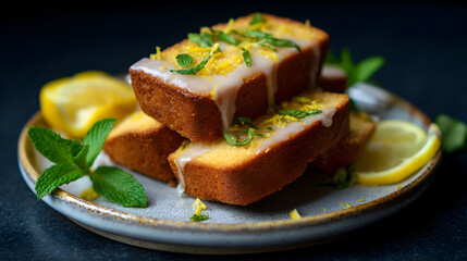Lemon loaf cake on a decorative plate highlights fresh ingredients and vibrant decoration inviting a delightful culinary experience