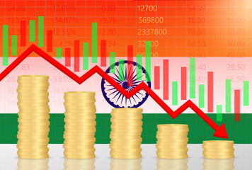 India Economy. Flag of India with Falling Financial Graph. Economic Crisis and Global Recession Concept. Vector Illustration.  