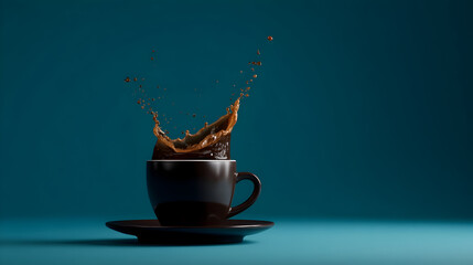Coffee cup creates a dynamic splash illustrating the energy and warmth associated with a fresh brew in a serene setting