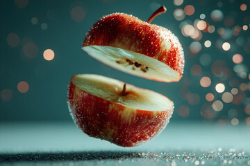 Fresh red apple slices levitate in water droplets against a blurred sparkling background within a culinary setting