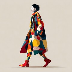 Stylized Woman in Art Stylized woman in a bold, abstract-patterned coat, colorful leggings, and red boots against a neutral