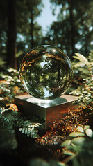 Crystal sphere reflects lush greenery in a serene forest during early morning light, showcasing nature's beauty and tranquility