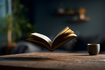 Floating book poised gracefully above a table beside a copy mug, embodying creativity and inspiration in a serene workspace