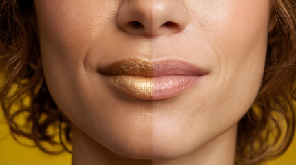 Naklejka premium Contrasting beauty with bold golden lip art and natural tones against a vibrant yellow backdrop