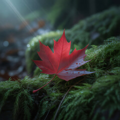 Vibrant red maple leaf rests on a mossy forest floor bathed in soft ethereal sunlight creating a magical autumn scene