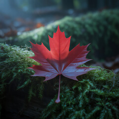 A vibrant red maple leaf rests upon a mossy forest floor during the autumn season