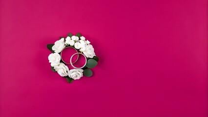 Romantic Wedding Rings and White Roses on Fuchsia Background: Elegant Flat Lay
