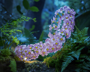 A cascading cluster of delicate lavender orchids gracefully arches amidst lush green ferns and a mystical dimly lit forest background
