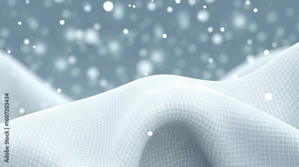 Poster soft white fabric waves gracefully undulating against a blurred background of falling snowflakes, cr