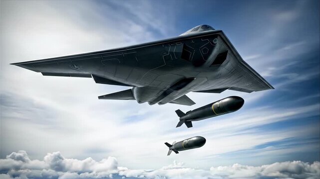 Slow motion of B-2 Spirit stealth bomber flying and releasing two bombs, showcasing advanced military aviation and the stealth technology.