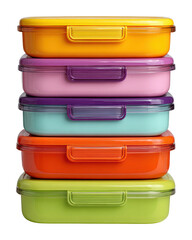 Colorful stack of plastic food storage containers kitchen product organization isolated on transparent background
