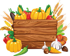 Autumn harvest vegetables and grains with wooden sign for text placement