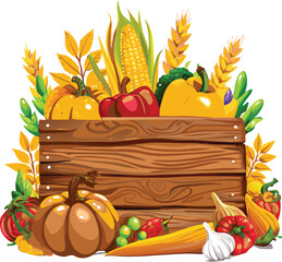 Wooden crate filled with fresh autumn harvest vegetables and fruits illustration