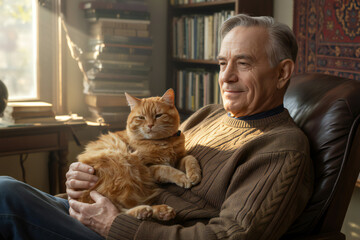 Elderly man comfortably holds a ginger cat while sitting in a chair near a sunlit window