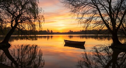 Serene lake at sunset with a solitary rowboat and tree reflections water