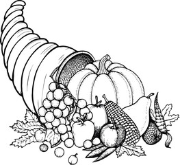 Black and white cornucopia with fruits and vegetables drawing illustration