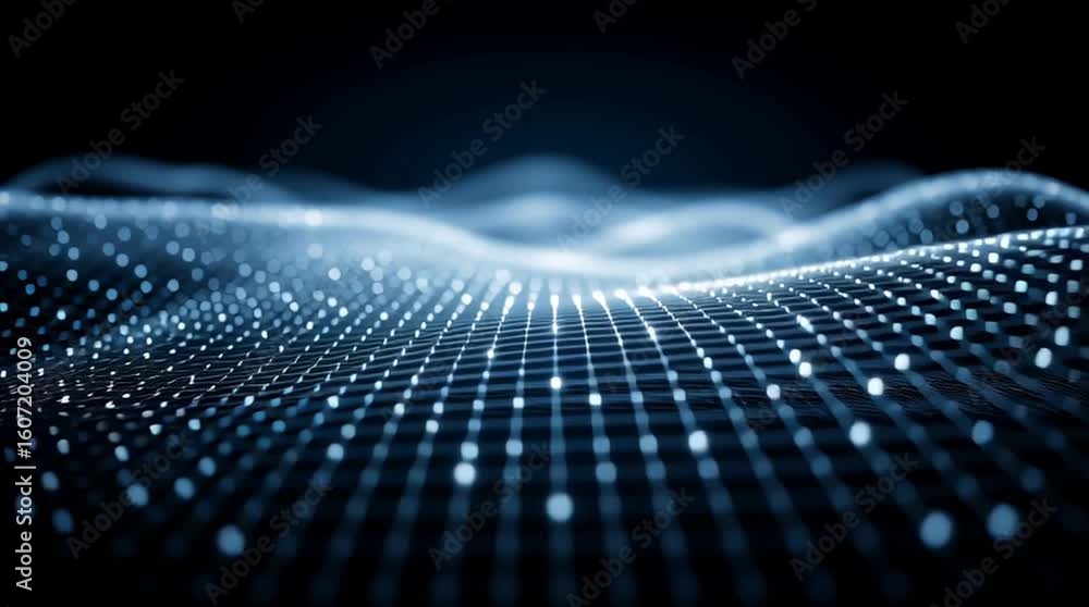 Poster abstract digital landscape featuring a wave of glowing blue dots and grid lines, creating a sense of