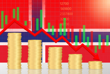 Norway Economy. Flag of Norway with Falling Financial Graph. Economic Crisis and Global Recession Concept. Vector Illustration.  