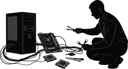 Computer technician repairing PC hardware with tools, motherboard and components for technology repair service or maintenance work order